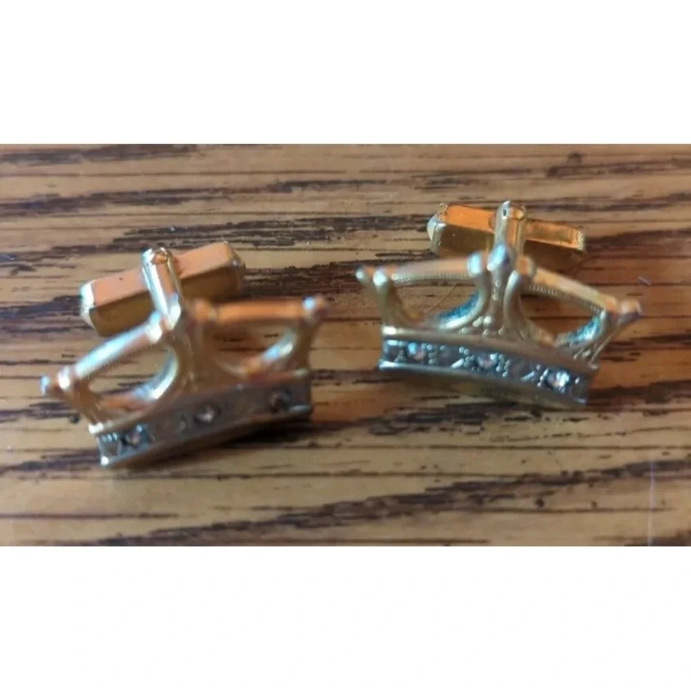 Vintage Anson Crown Cufflinks Rhinestone Gold Tone Crown King Retro Mens Jewelry